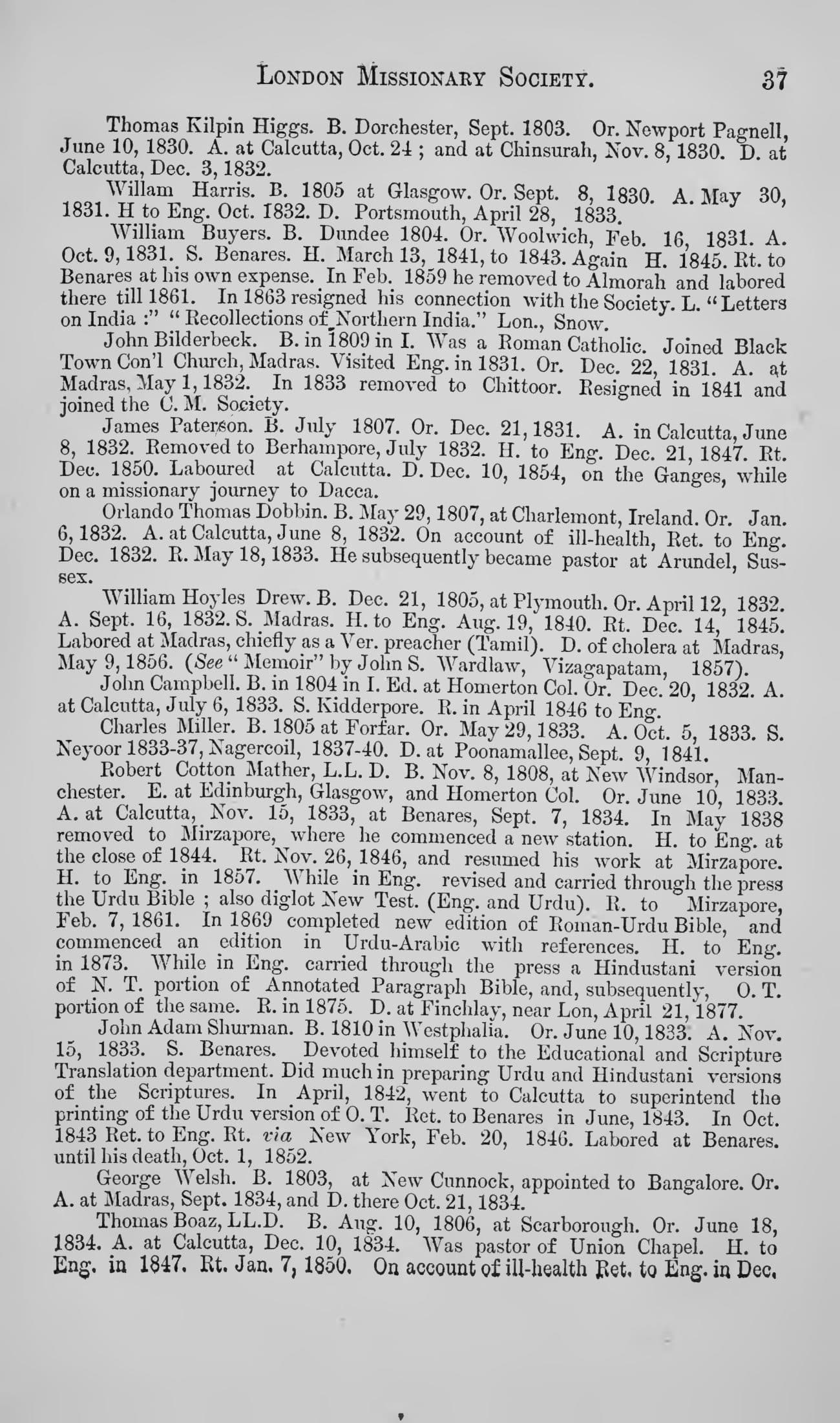 The printed page 37 of Indian Missionary Directory and Memorial Volume, photographed from the book