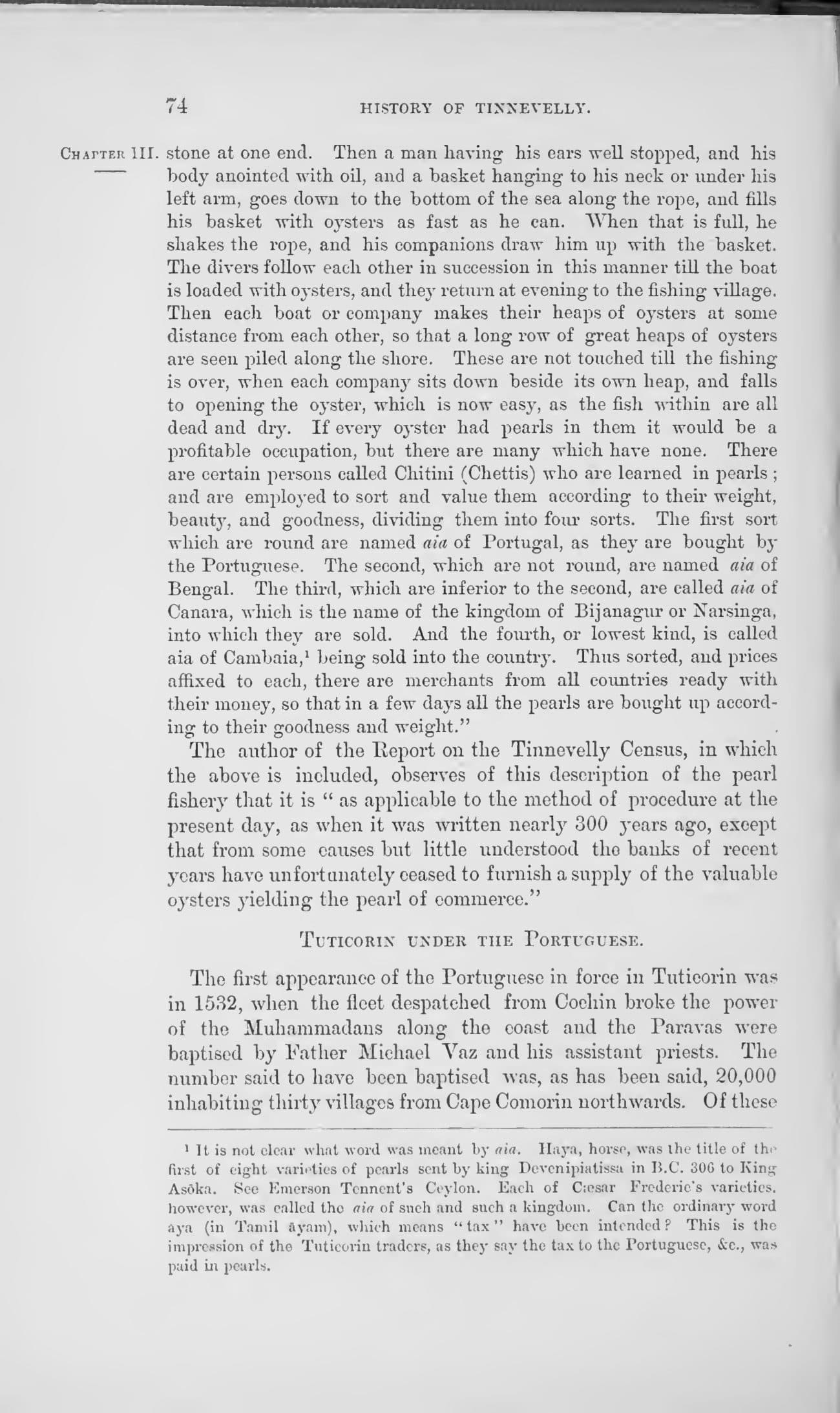 The printed page 74 of A Political and General History of the District of Tinnevelly, photographed from the book