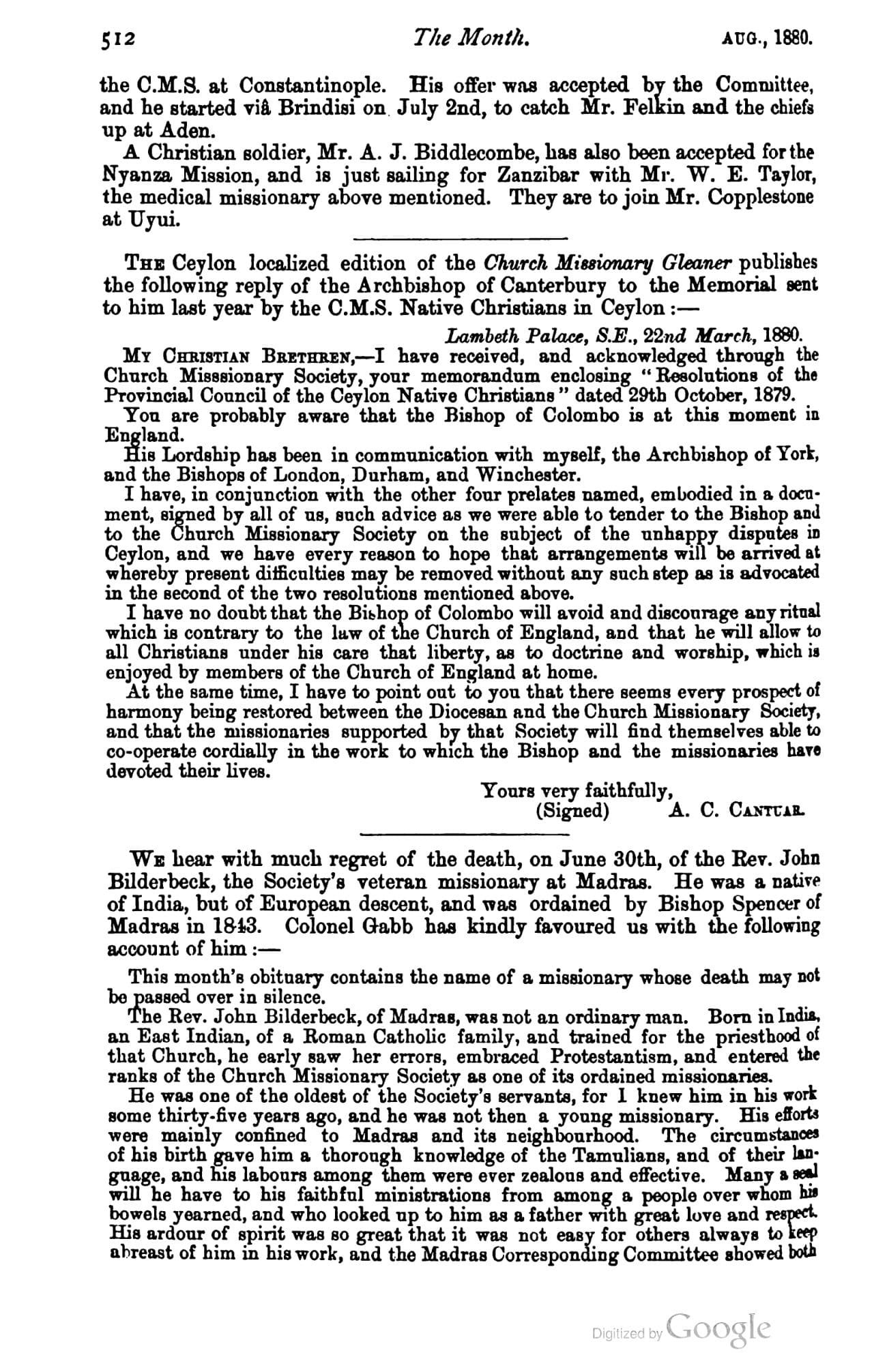 The printed page 512 of The Church Missionary Intelligencer and Record, vol. V, photographed from the book