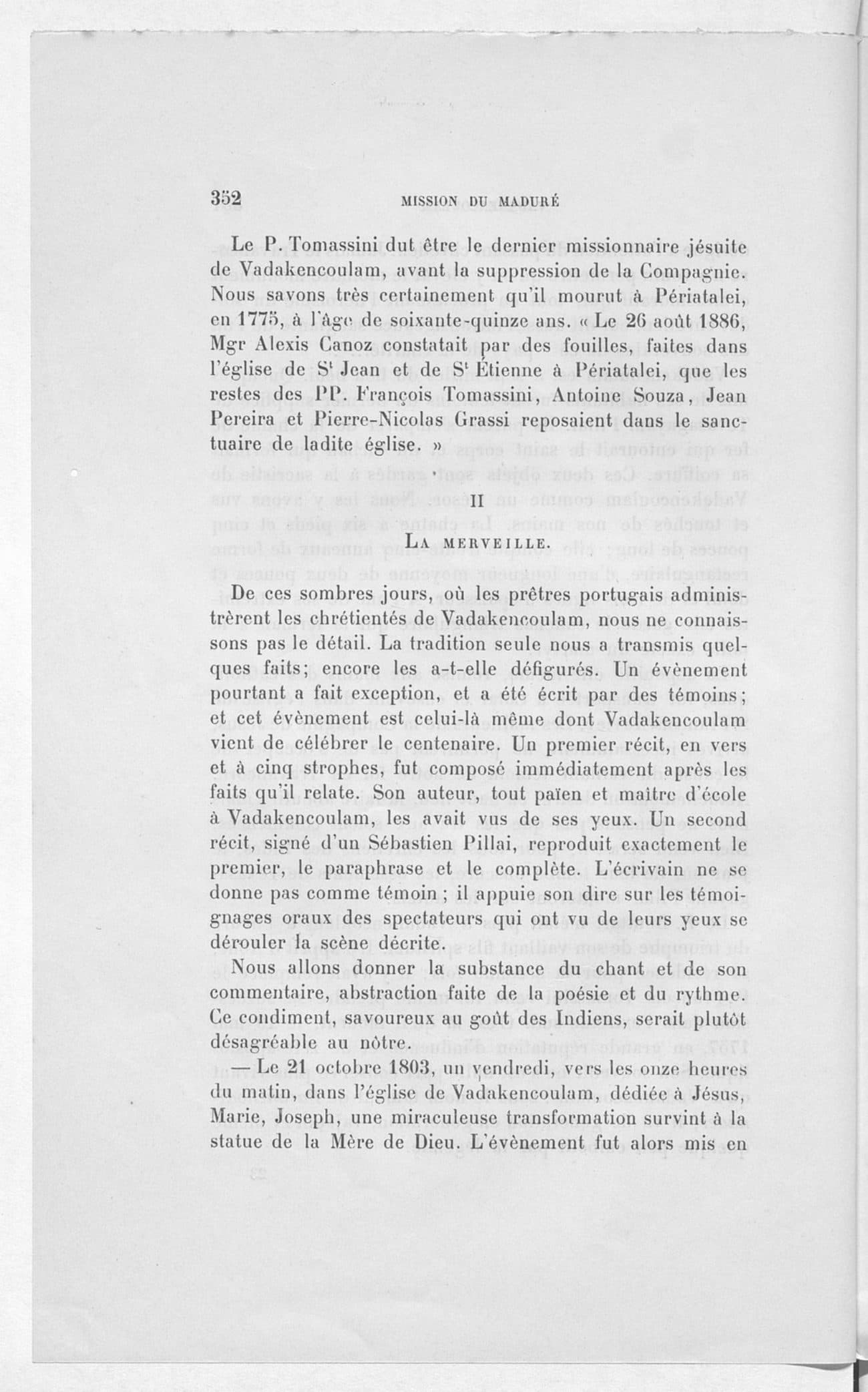 The printed page 352 of Vadakencoulam — son histoire, sa merveille, son jubilé, photographed from the book