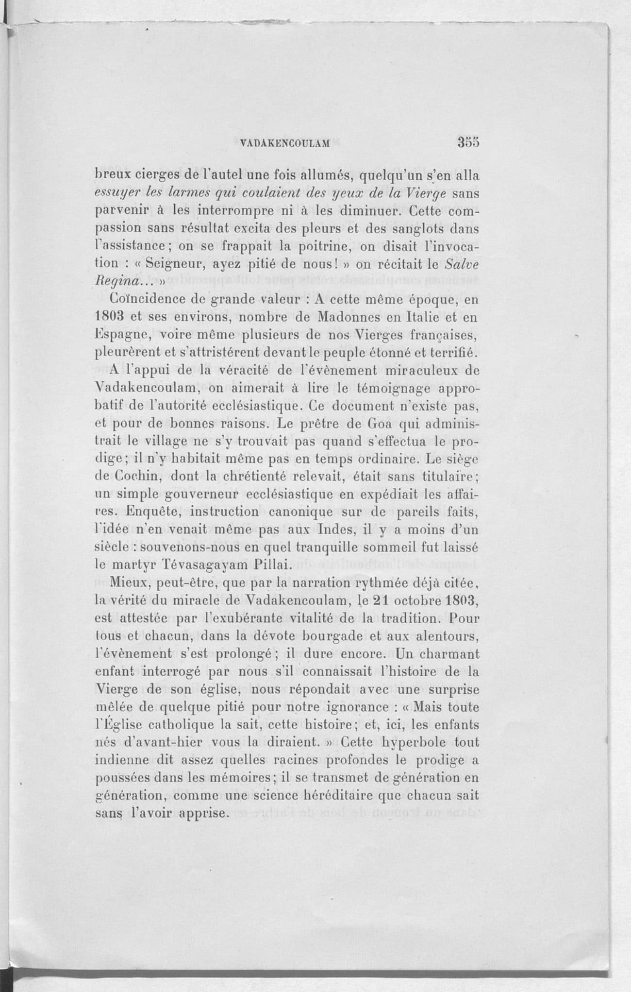 The printed page 355 of Vadakencoulam — son histoire, sa merveille, son jubilé, photographed from the book